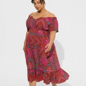 NEW TORRID TEA LENGTH Challis Off Shoulder Peasent dress. 1X